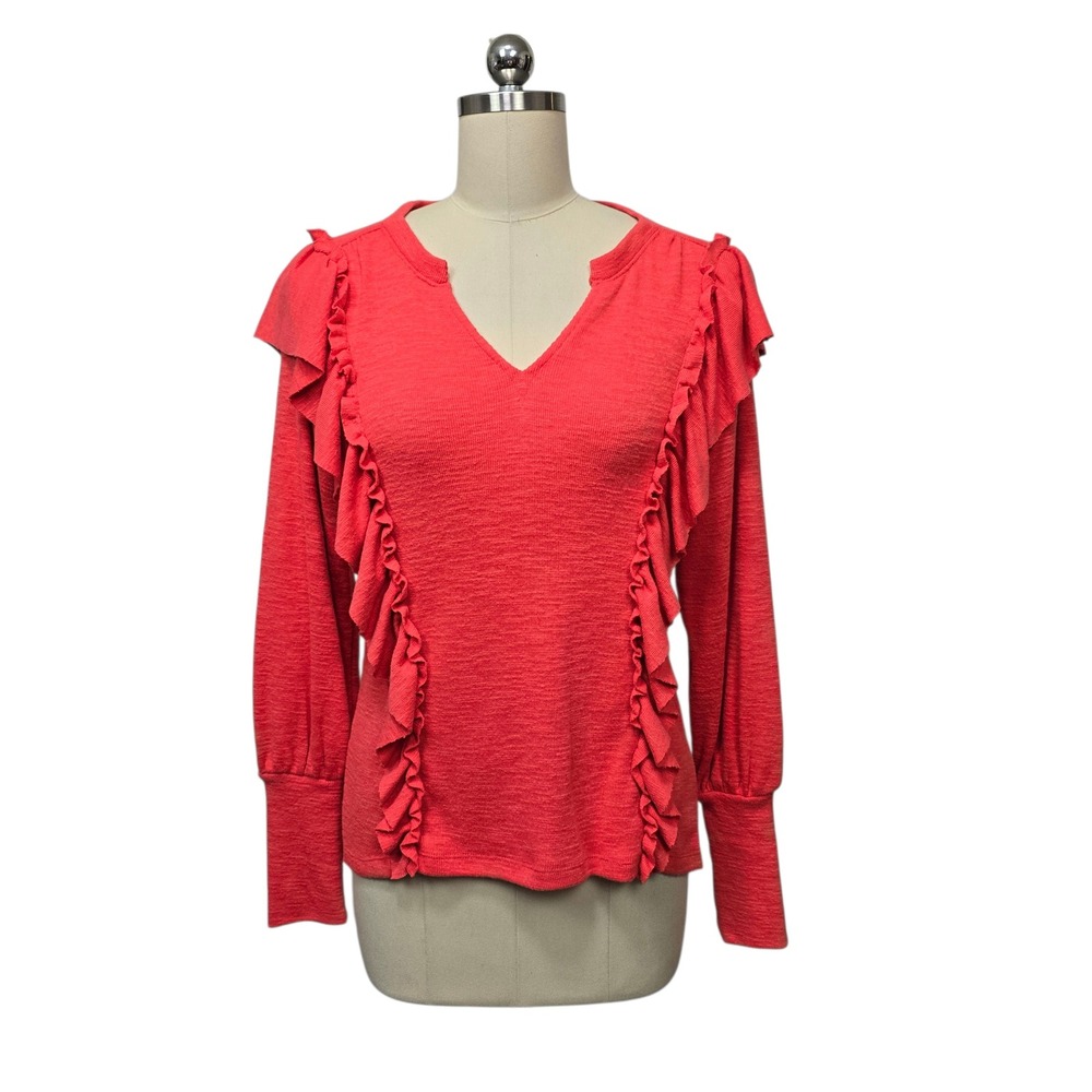 Pilcro By Anthropologie Ruffled V Neck Long Sleeve Textured Top Coral Women's XS